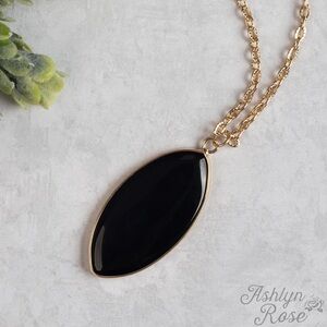 Gold Chain Necklace with Black Marquise Pendant -